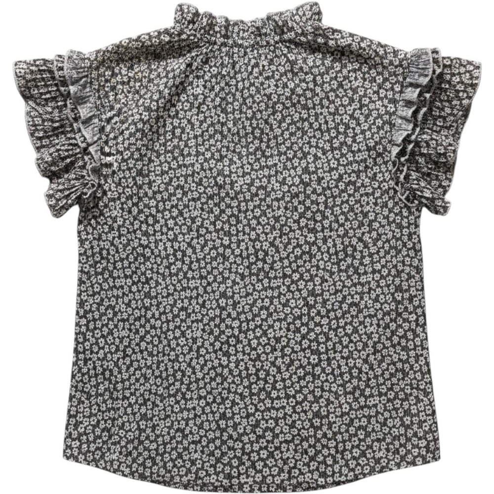 Greige Women Black White Floral Ruffle Cap Sleeve Smocked High Neck Blouse Small